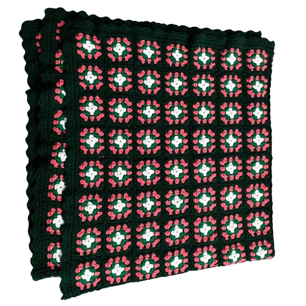 Vintage Handmade Granny Square Afghan Crochet Blanket Green Pink White 72x72 70s